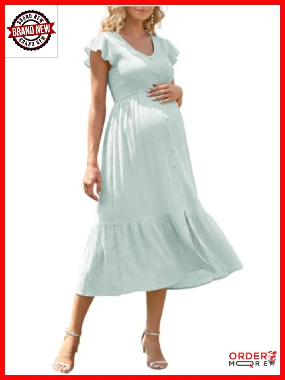 Smocked Maternity Dress for Baby Shower Photoshoot Flutter Sleeve Midi
